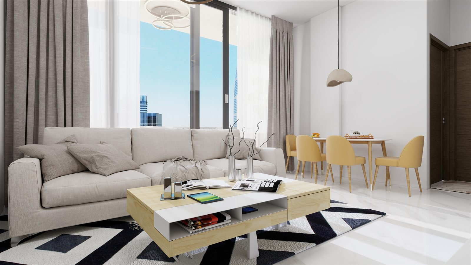 Wide living room visualisation for a 2 BHK residence