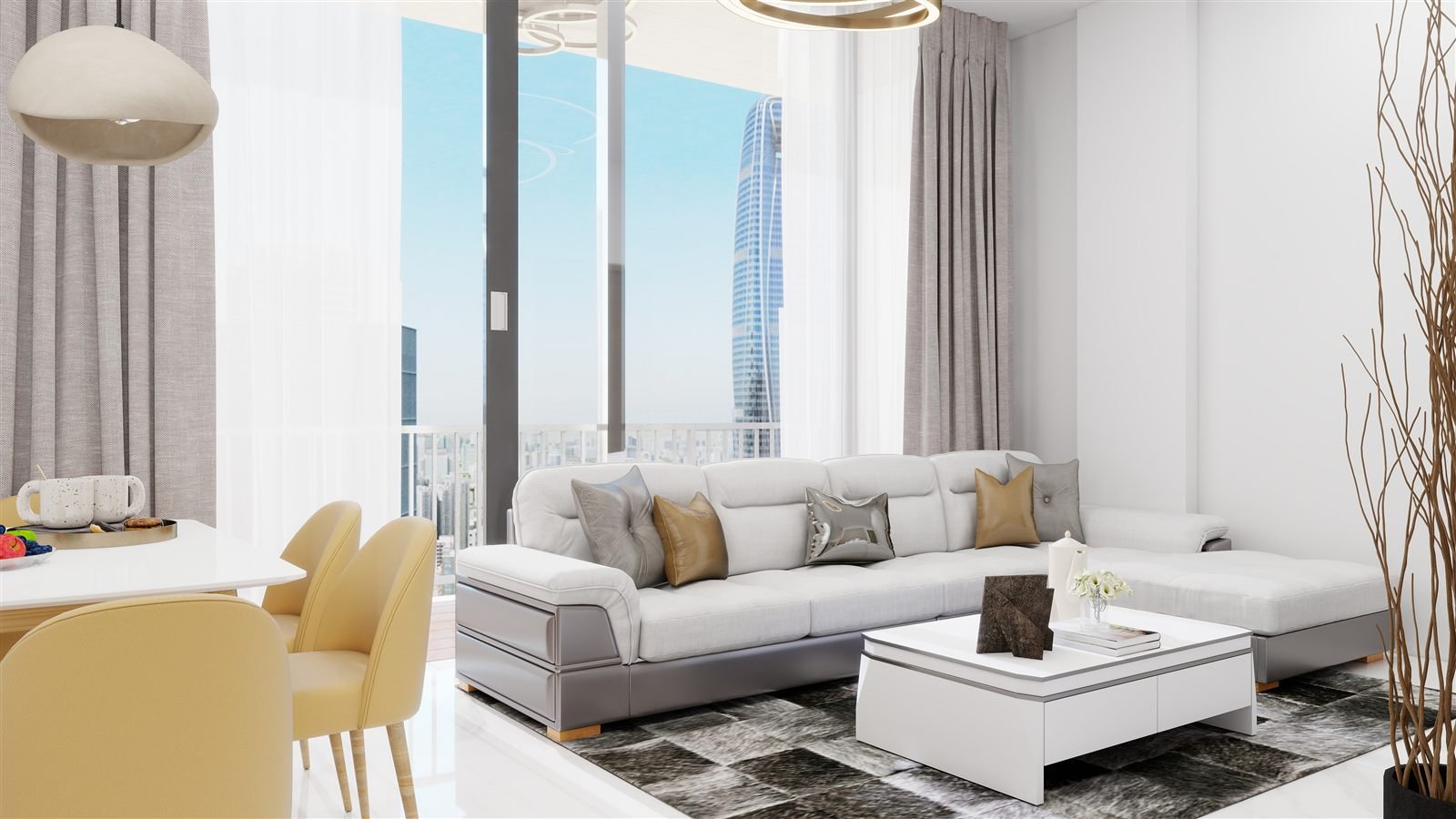 Living and dining space visualisation for a 3 BHK residence