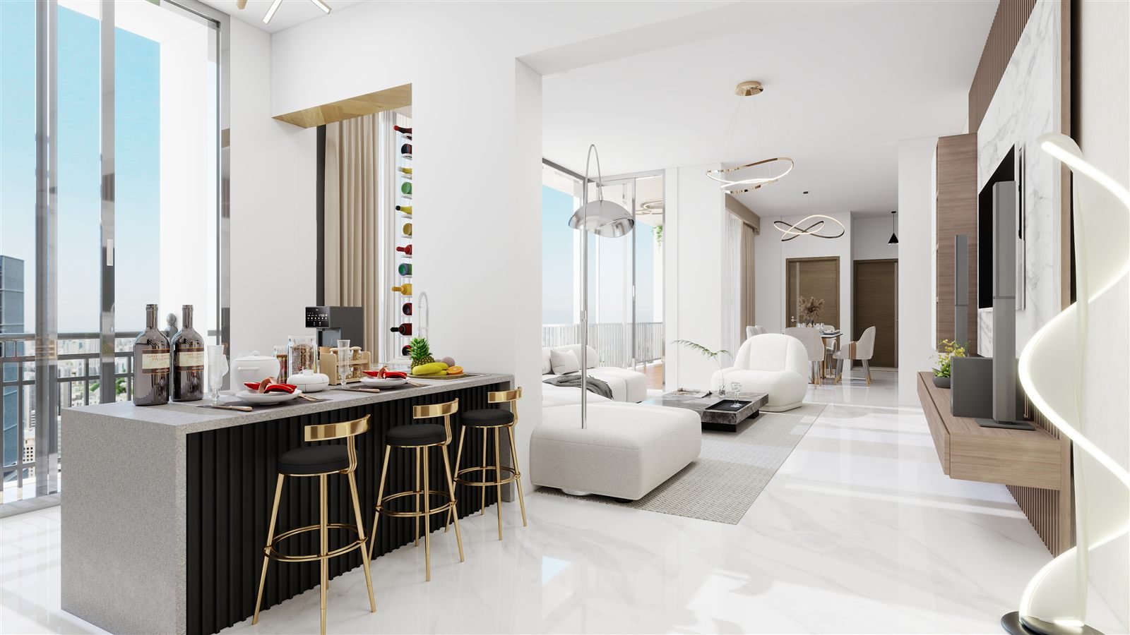 Open-plan living room and kitchen visualisation for a 4 BHK residence