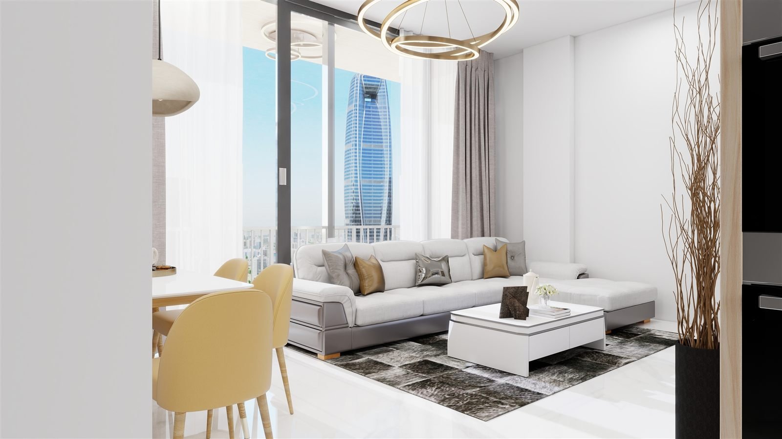 Bright living room visualisation for a 3 BHK residence