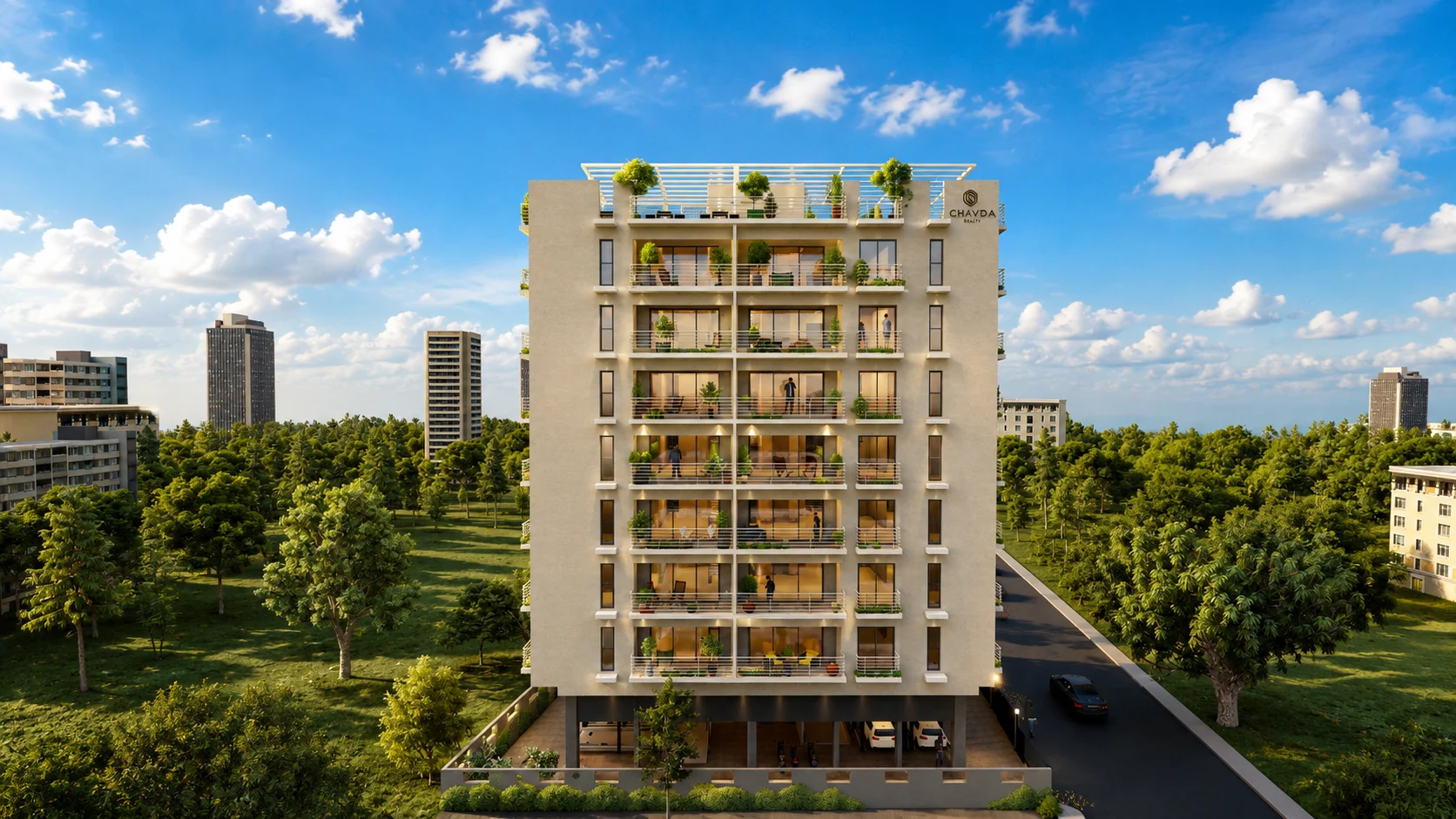 Daytime architectural render of 1 Newcastle with balconies and a landscaped rooftop