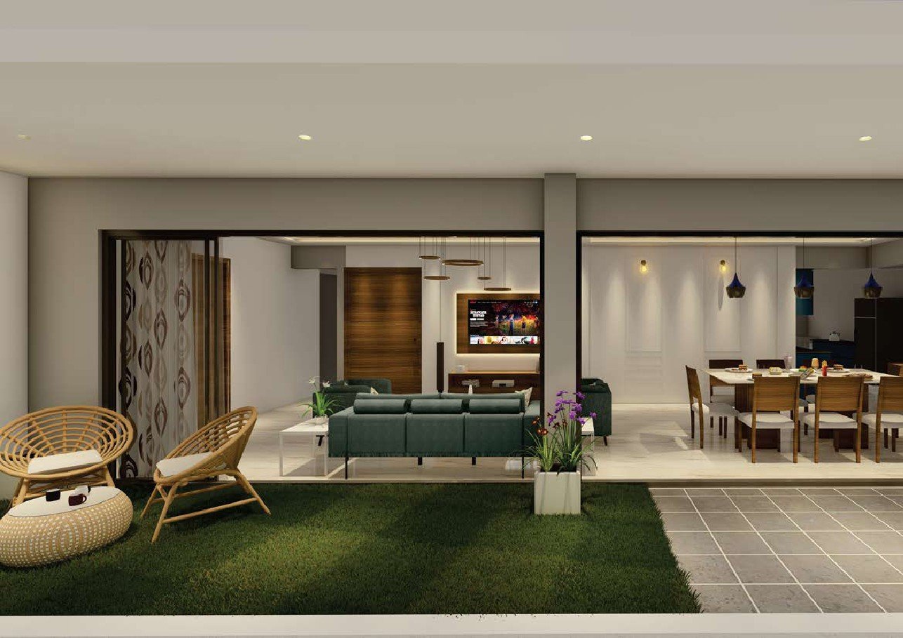 Supplied residence render showing a planted balcony opening into living and dining spaces