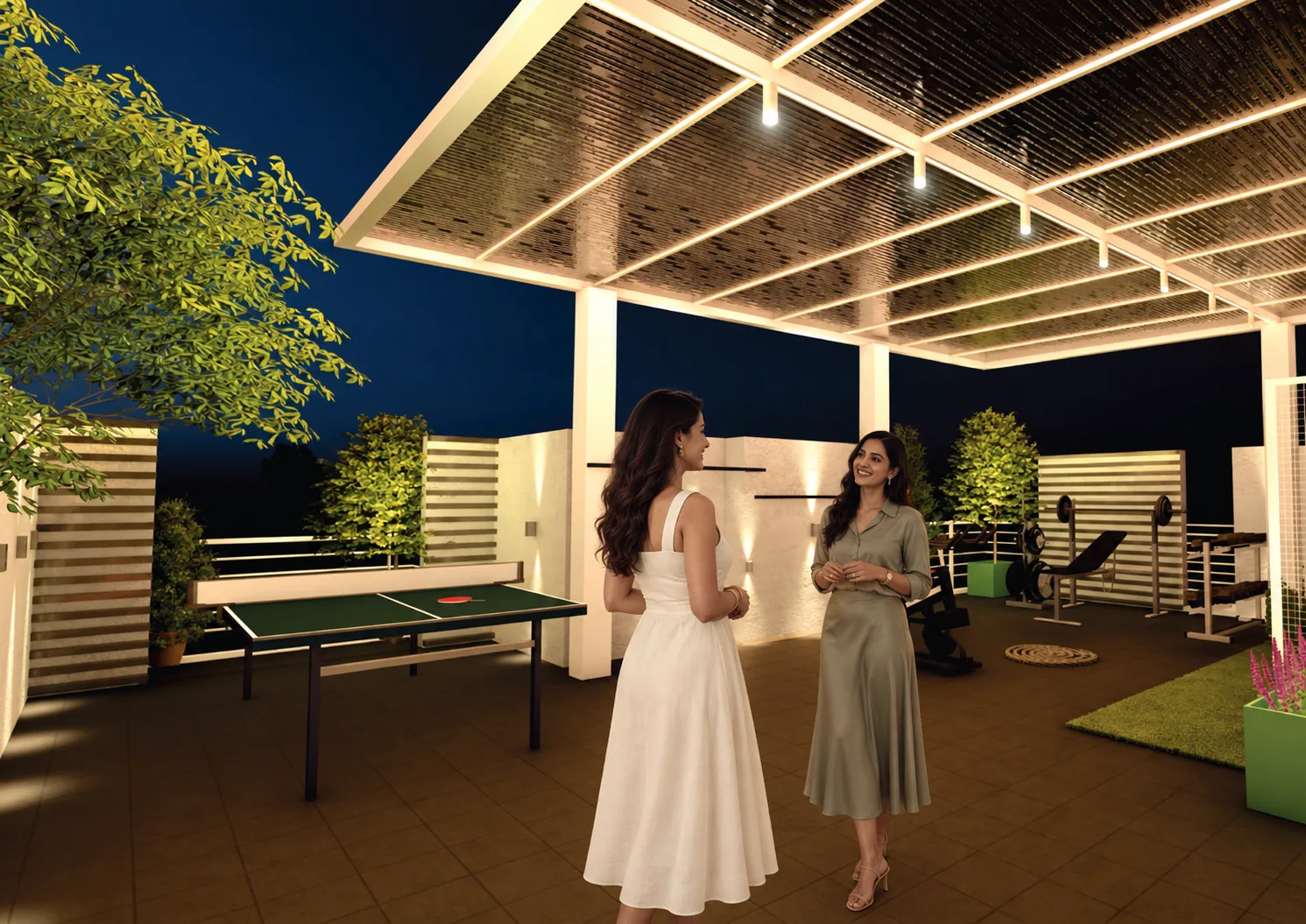 Illustrative evening rooftop scene with two adult women, a shaded pergola, table tennis and fitness equipment